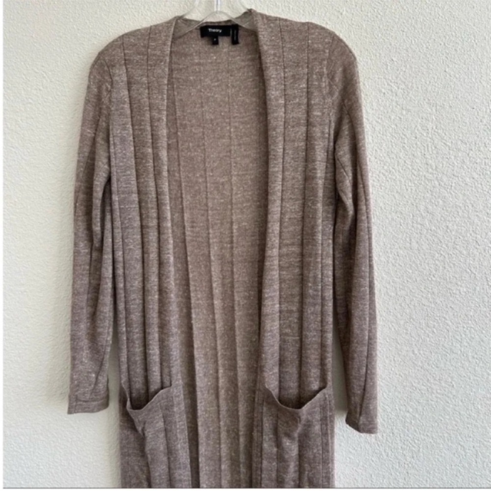 Theory Torina Rib Wool Linen Open Front Long Duster Cardigan - Picture 4 of 8